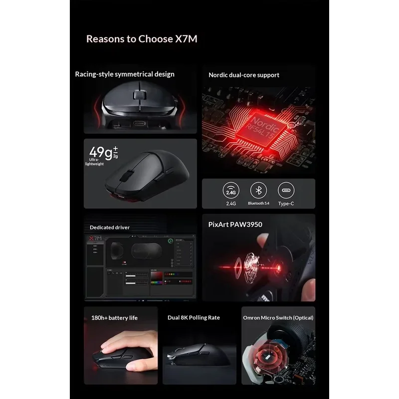 NEW MSI X7M Wireless Gaming Mouse 8K Dual Polling Rate Ultra-Low Latency 49g Ultra-Light Ergonomic PAW3950 Sensor