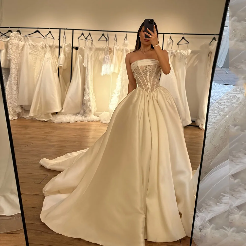 

MCDV Customized Beaded Satin Ball Gown Wedding Dress Sheer Corset Bridal Dress with Train Elegant Formal Gown for Glam Bride