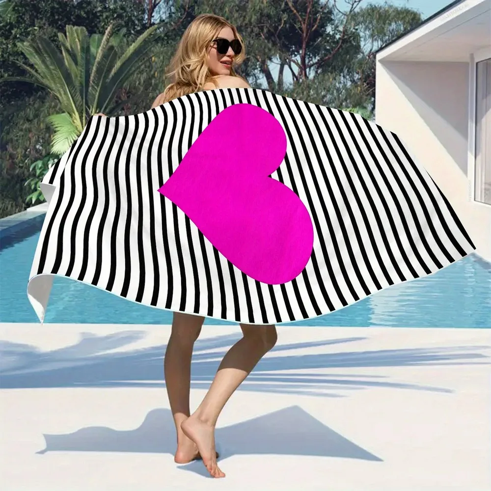 Striped Hot Pink Heart Beach Towel Patterned Sunscreen And Windproof Suitable For Swimming Pool Camping Travel Blanket