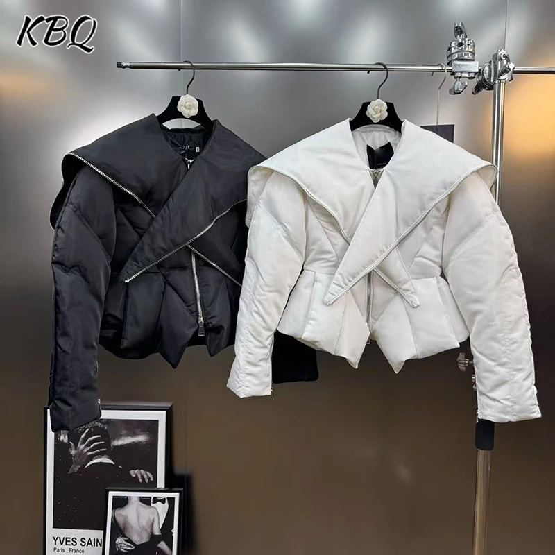 

KBQ Solid Spliced Zippers Tunic Short Jackets for Women Round Neck Long Sleeves Basics Jacket Female Winter Clothing Fashion