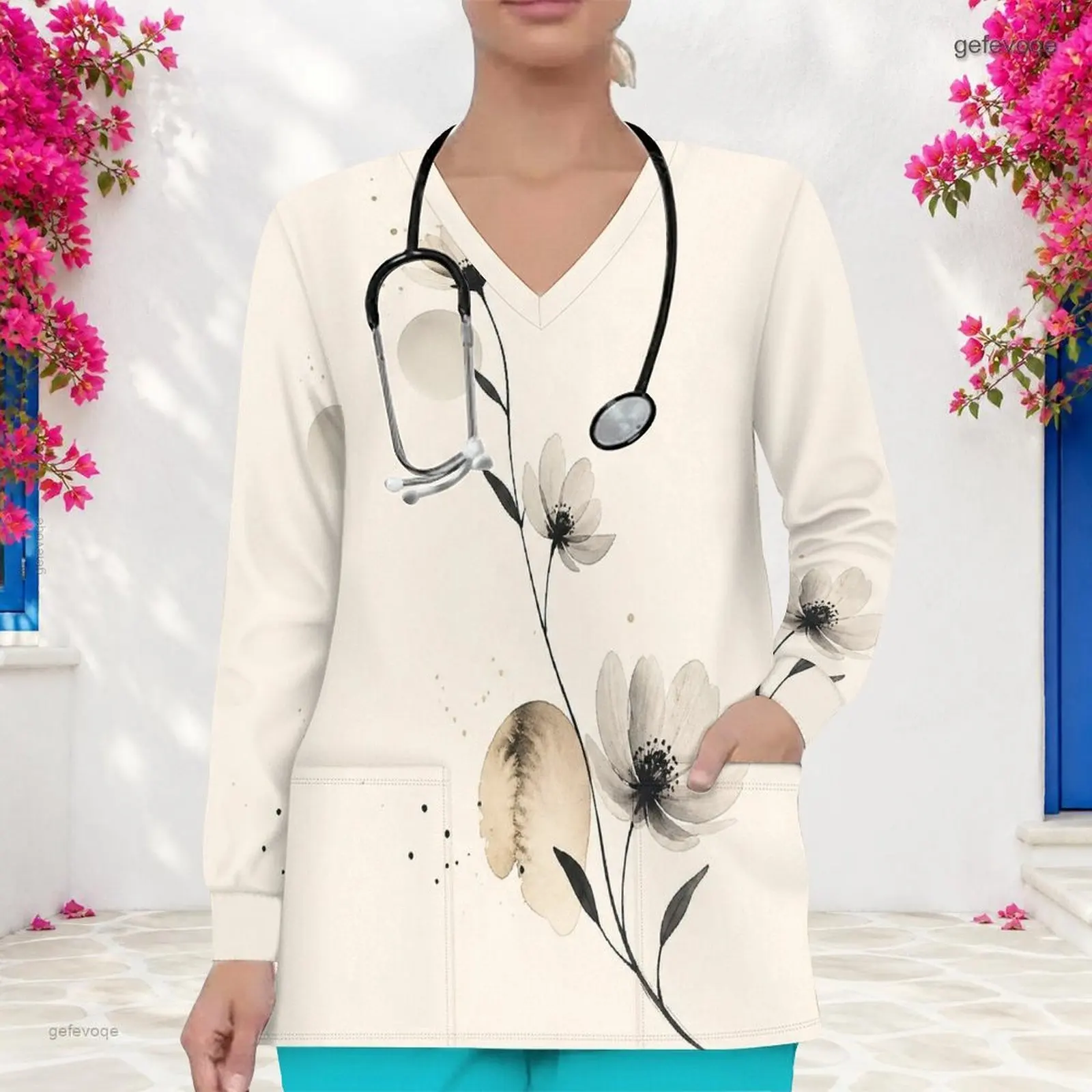 Women Printed Scrub Top V Neck Long Sleeve Front Pockets