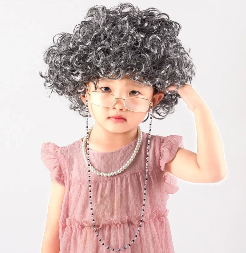 Halloween  Great grandma cosplay older performance costume Kid Halloween wig necklace eyeglass