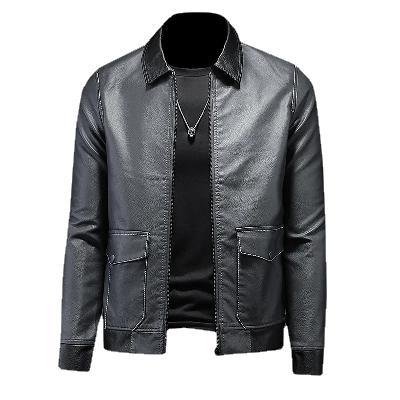 Nice PU Leather Jacket Men Turn Down Neck Zipper Casual Winter Warm Top Blouse Thickening Coat Outwear Top Blouse Jacket S-4XL