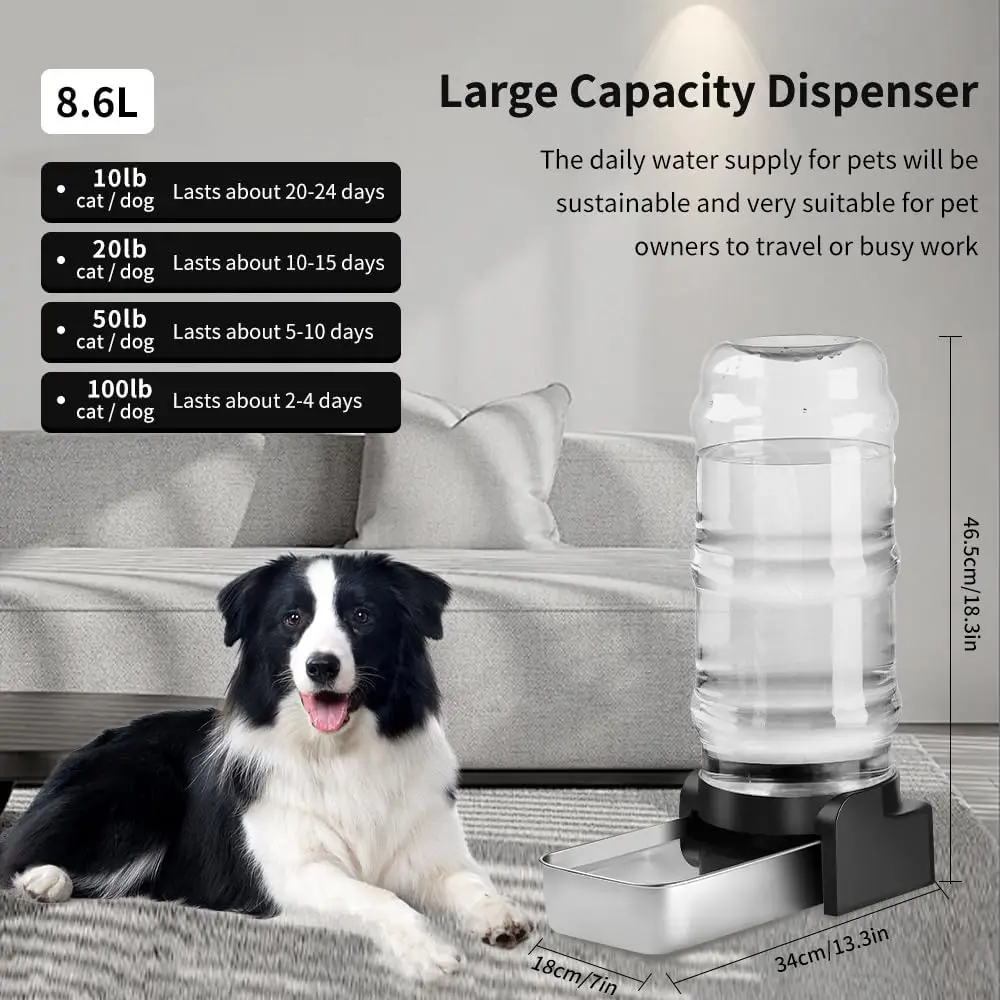 

2.3 Gallon Automatic Dog Water Dispenser, Stainless Steel, 8.6L with 3 Filters