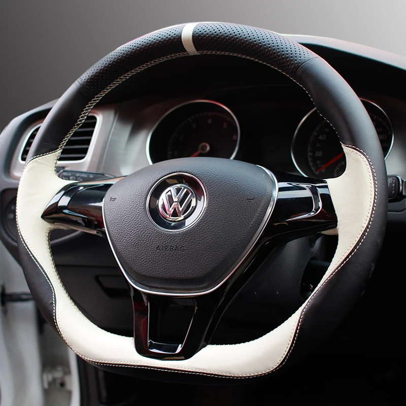 DIY Hand Sewing Steering Wheel Cover for VOLKSWAGEN Tiguan Tayron Magotan Bora Car Genuine Leather Interior Accessories