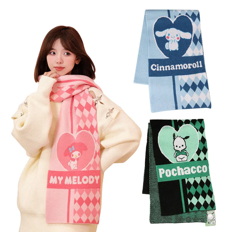 

Cartoon Animation Sanrios My Melody Pochacco Kuromi Cinnamoroll Cute Versatile Color Block Scarf Kawaii Love Winter Warm Girls