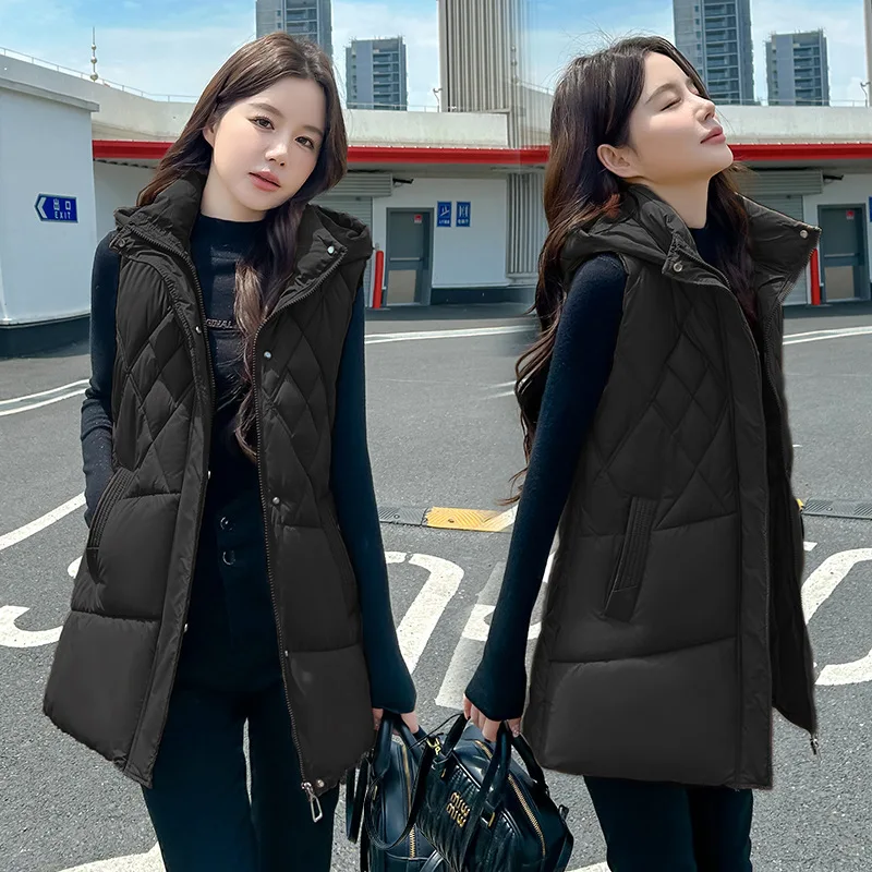 Parkas Women Sleeveless Hooded Vest Coats Midi Length Coat Slim Fit Thick Zipper Solid Casual Jacket Vests Pockets Autumn Winter