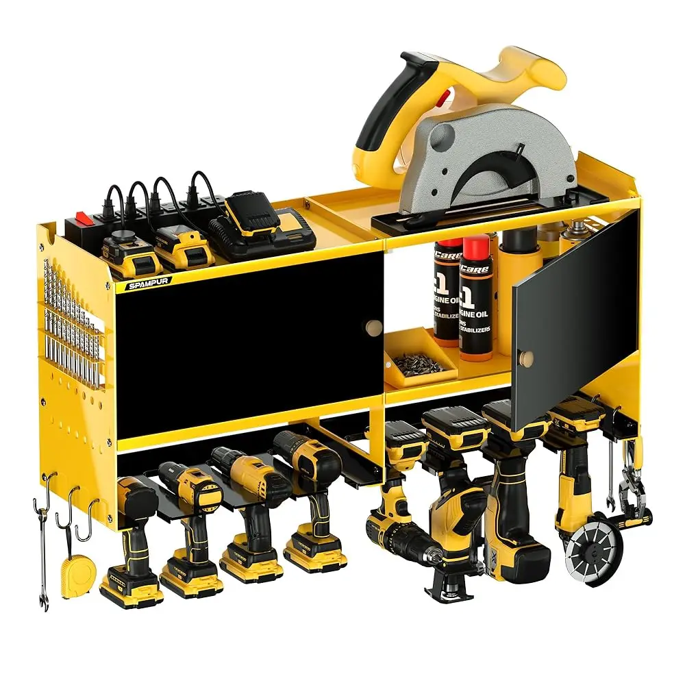 

Power Tool Organizer Wall Mount With Charging Station,Garage Metal Cabinet 15 Min Qui Assembly & Max 150Lb Load With 6 Outlet