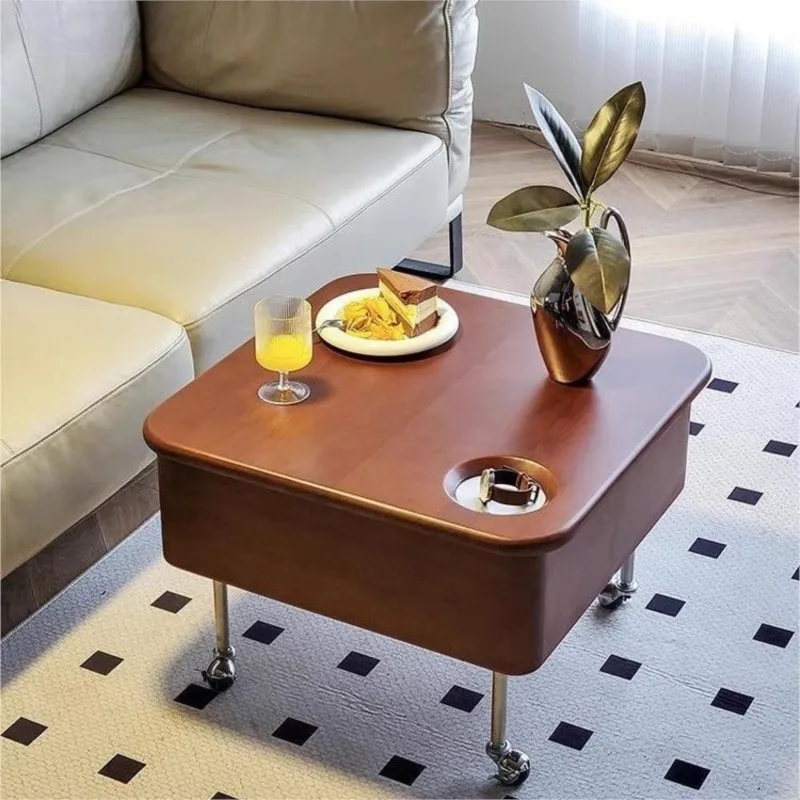 Warming Retro Solid Wood Lifting Coffee Table Movable Foldable Multifunctional Small Apartment Living Room Bedroom Side Cabinet