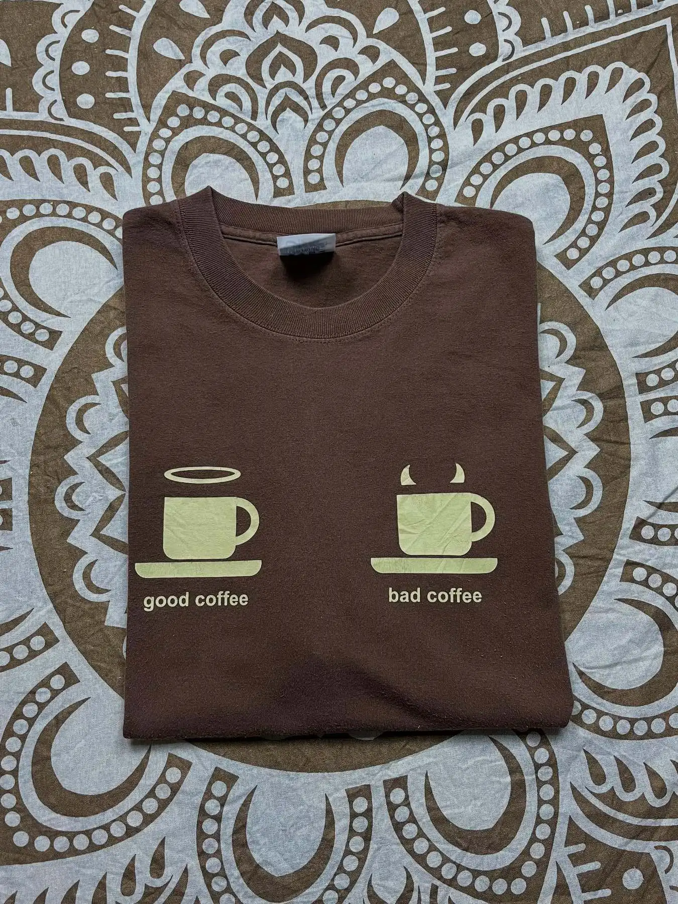 American Retro Angel Devil Coffee Cup Short Sleeve T-Shirt Brown Cotton round Neck Men's Summer Breathable Comfortable T-Shirt