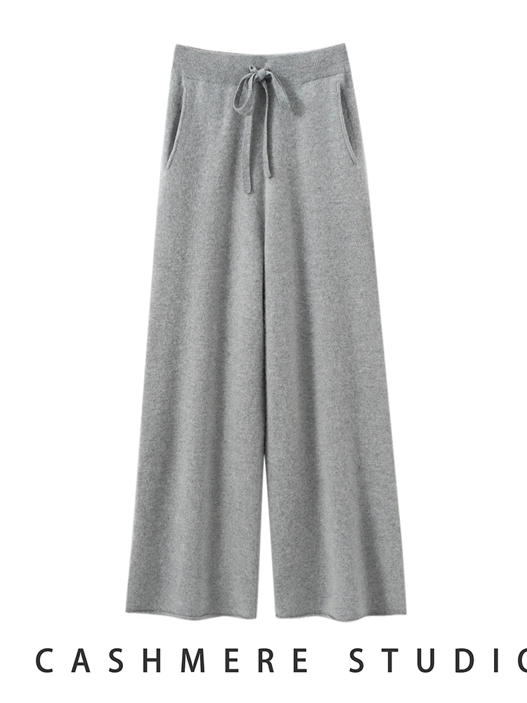 

Women's 100% Cashmere Knit Pants Thick Pleated Wide Leg Pants Autumn Winter Casual Simple Style Cashmere Knitwear Pants