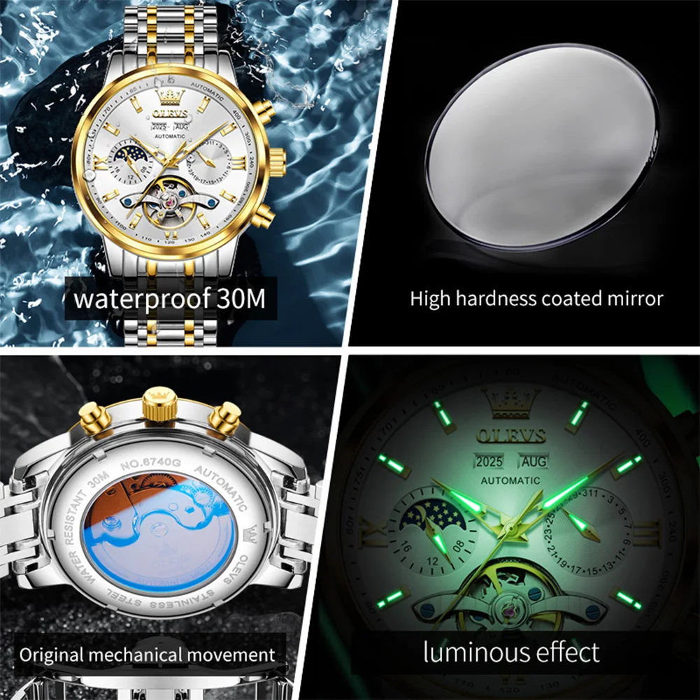 ساعات رجال الأعمال الفاخرة OLEVS من الفولاذ المقاوم للصدأ ماركة أصلية ساعة يد ميكانيكية أوتوماتيكية مرحلة القمر تقويم مضيء