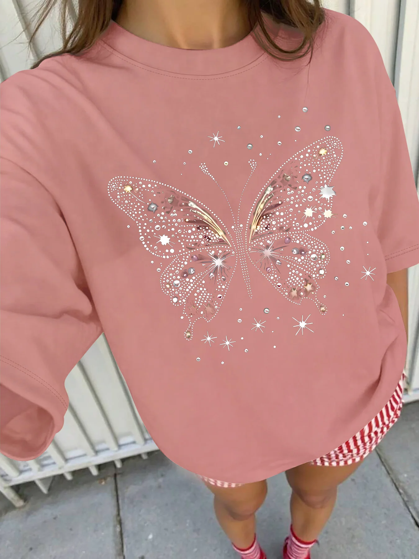 Plus - Size Rhinestone Butterfly Graphic Tee, Six Colour Short - Sleeve