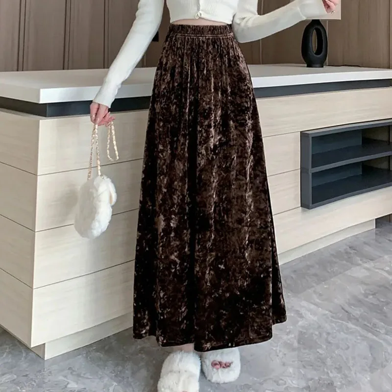 Biyaby Vintage Glossy High Waist A-Line Skirt Women Korean Fashion Elastic Waist Skirt Woman Solid Thick Warm Long Skirts Lady