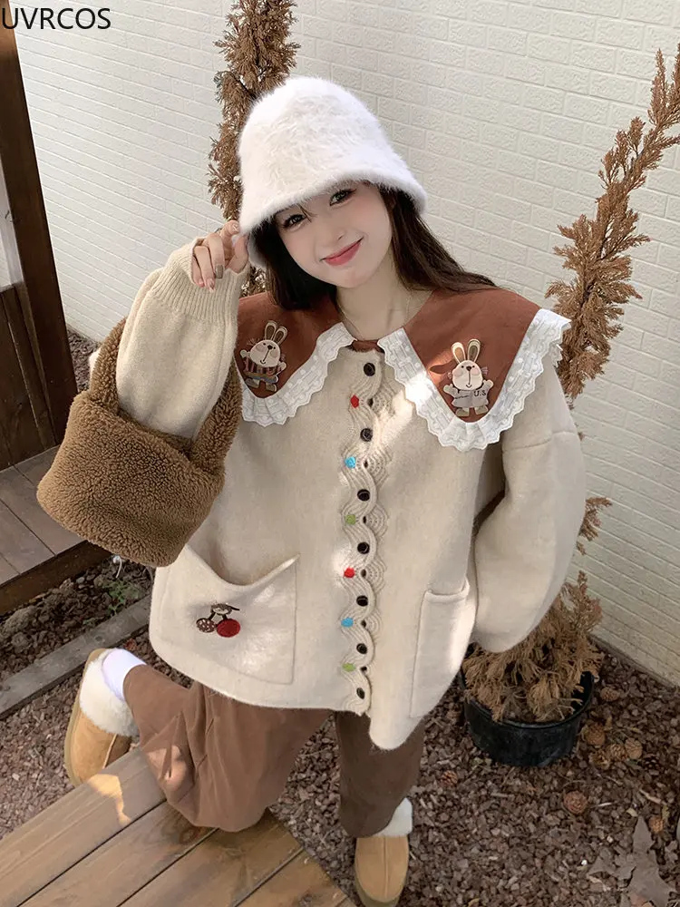 Autumn Winter Warm Knitted Sweater Cardigan Women Sweet Bunny Embroidery Long Sleeve Peter Pan Collar Blouse Kawai Knitwear Coat