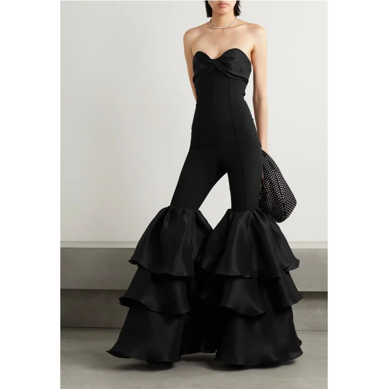 Black Color High Street Women Sexy Strapless Ruffles Wide Leg Jumpsuit Sexy Strapless Ruffle Flare Bodysuit Women Party Dress