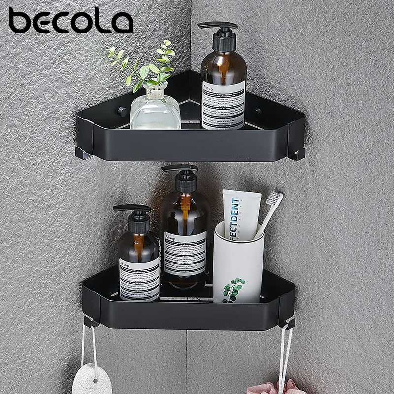 

Black Corner Shelf Bathroom Storage Shelves Chrome Stainless Steel Triangle Towel Storage Wall-Free Punching Shower Rack