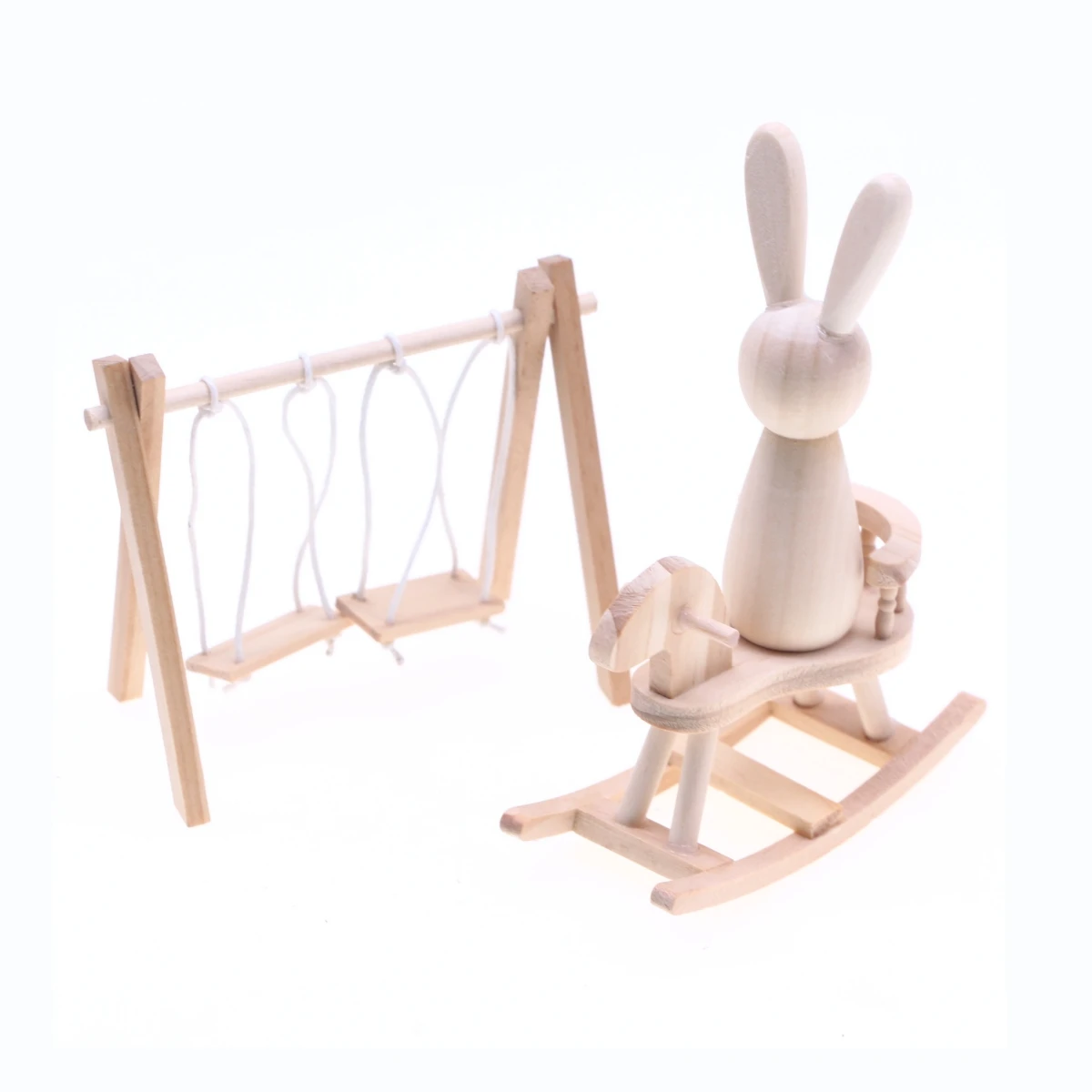 1Pcs Dollhouse Miniature Unfinished Wooden Rocking Trojan Horse Chair Model Can Shake Kid Room Simulation Figurine Decor Access
