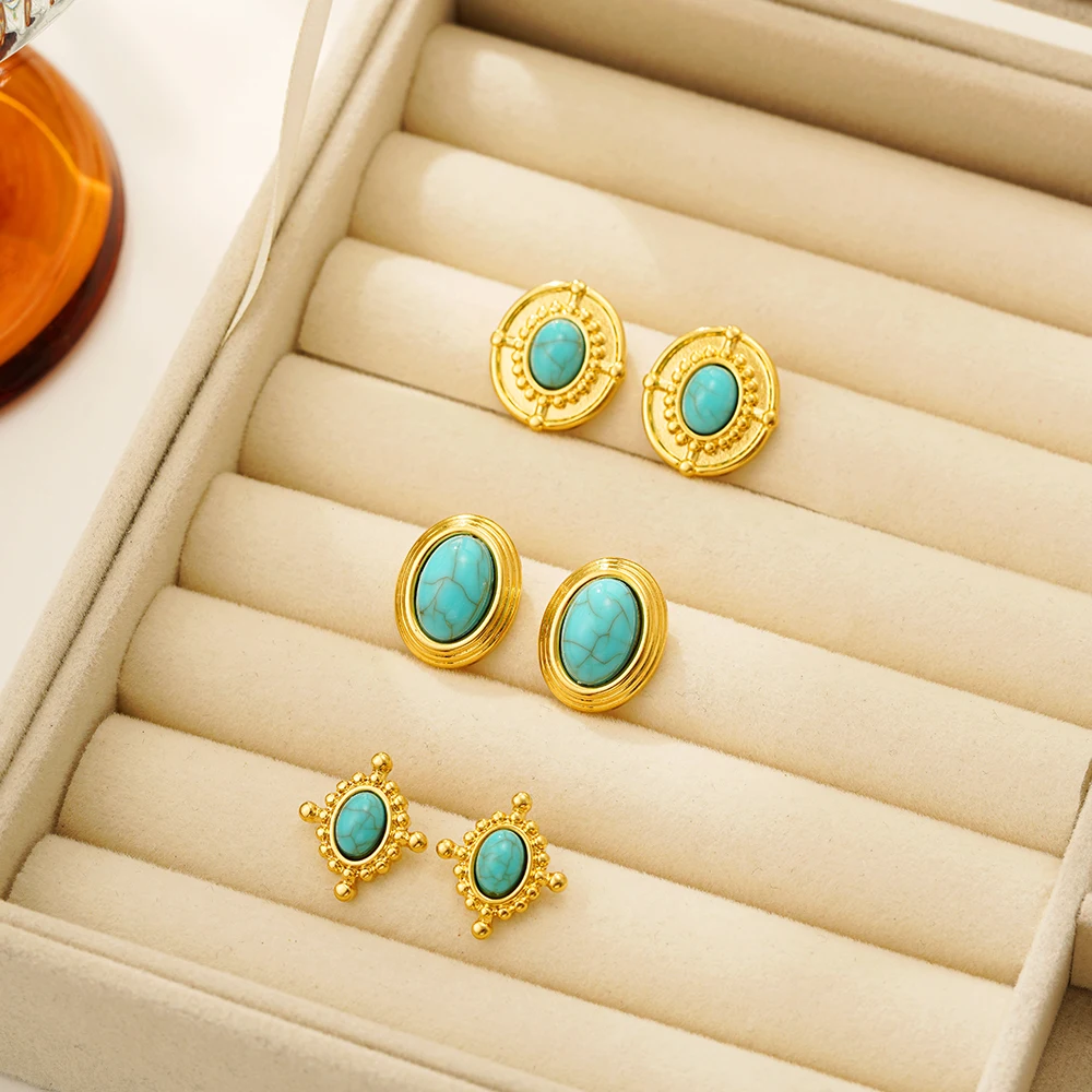 Vintage Oval Turquoise 18K Gold Plated Stud Earrings for Women Geometric Green Natural Stones Charms Court Style Ear Jewelry New