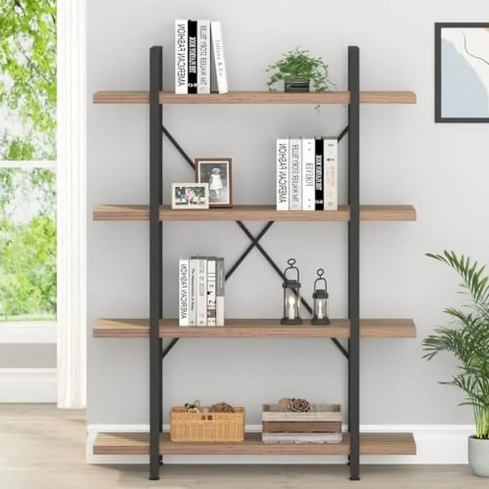 Rustic Industrial Metal Wood 4 Tier Bookshelf Durable Farmhouse Display Storage Shelves 12.7" D x 41.3" W x 55" H Office Bedroom