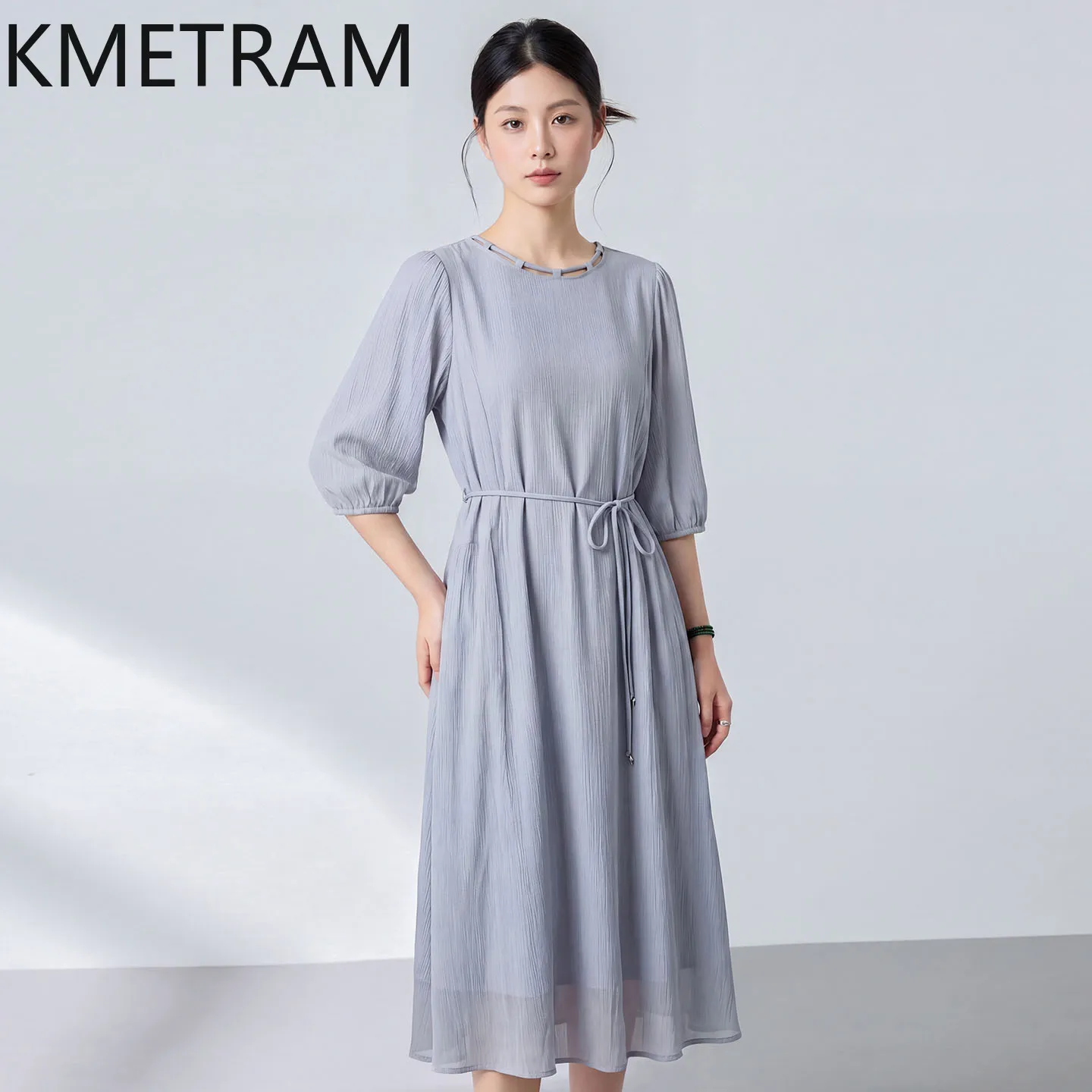 KMETRAM 100% Real Mulberry Silk Dresses for Woman Blue Belted Midi Dress Women's Casual Dresses Summer Ladies Clothes 2026 원피스