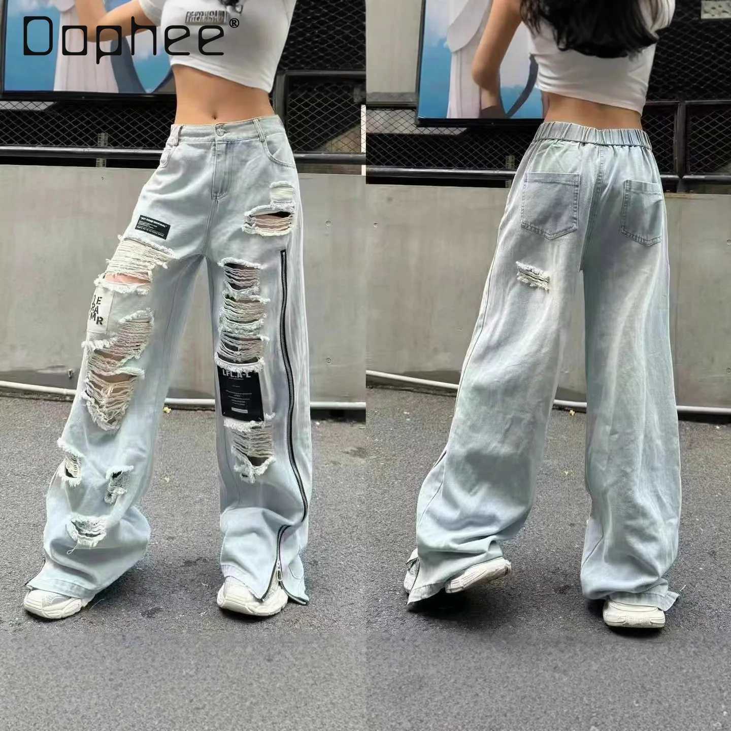 

European Style Women's Jeans 2026 Spring New Heavy Wash Handmade Distressed Patched Zipper Floor-Length Pants Trendy