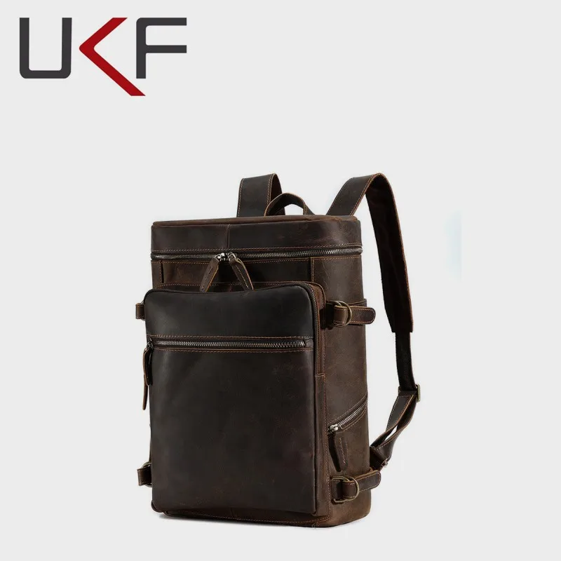 UKF Vintage Leather Men's Backpack Large Capacity Retro Shoulder Bag Crazy Horse Leather Male Laptop Travel Backpacks Mochilas