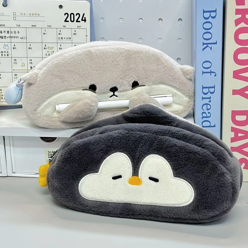 Cute Little Otter Penguin Plush Pen Bag Large Capacity Kawaii Pencil Case Stationery School Supplies Stationery Bag