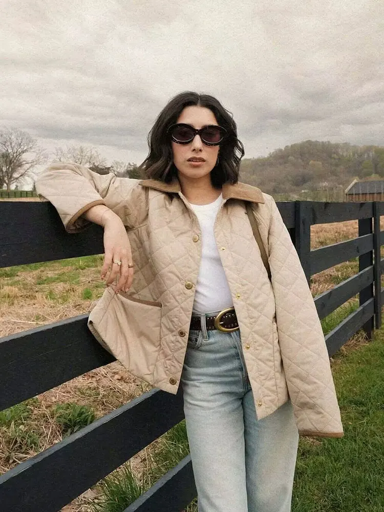 HH المرأة خمر المرقعة معطف مبطن بدوره إلى أسفل طوق كم طويل جاكيتات مع جيوب موضة الخريف الشتاء الدافئة أبلى