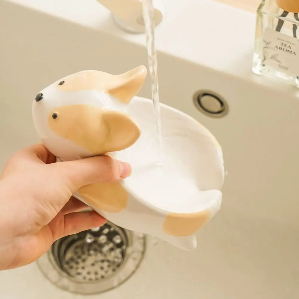 Easy To Clean Corgi Shape Ceramic Soap Box Delicate Drainable Soap Holder Light Luxury Cute Cartoon Soap Dish Bathroom