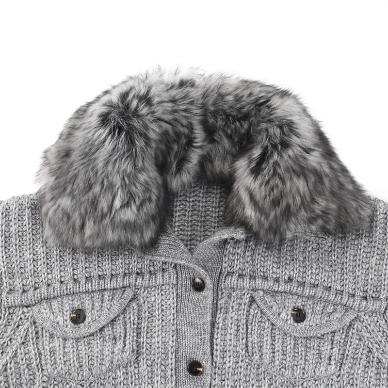 Cárdigan para mujer, nuevo top de manga larga con cuello de piel desmontable para invierno, mezcla de lana 2025, suéter para mujer, abrigo de una sola botonadura