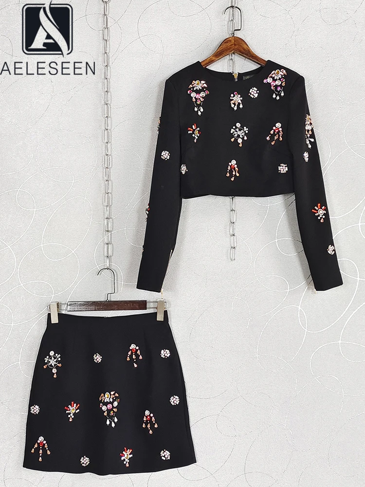 AELESEEN Elegant Fashion 2 Pieces Set Women Spring Autumn Black Short Zipper Top +Mini Skirt Luxury Crystal Beading Casual Set