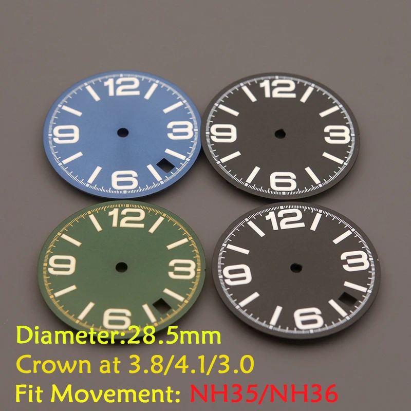

NH35 Dial 28.5MM Watch Dial High Quality Green Blue Luminous No Calendar No Logo Watch Face Fit NH35 NH36 Movement