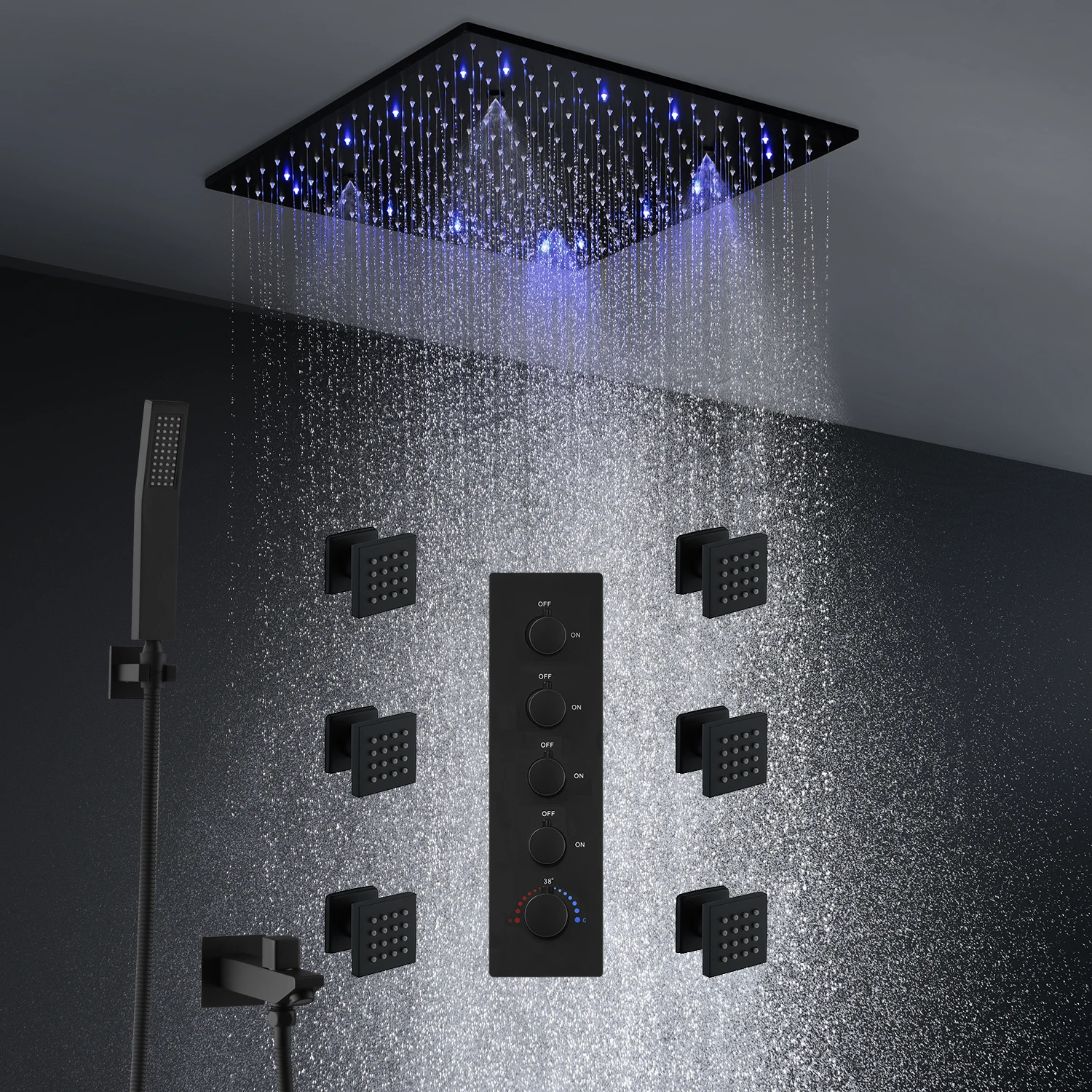 Luxury 16/20 Inch 400/500mm Rainfall Mist Spray LED Shower Head Set Constant Temperature Valve Mixer With Side Massage Jets