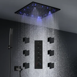 Luxury 16/20 Inch 400/500mm Rainfall Mist Spray LED Shower Head Set Constant Temperature Valve Mixer With Side Massage Jets