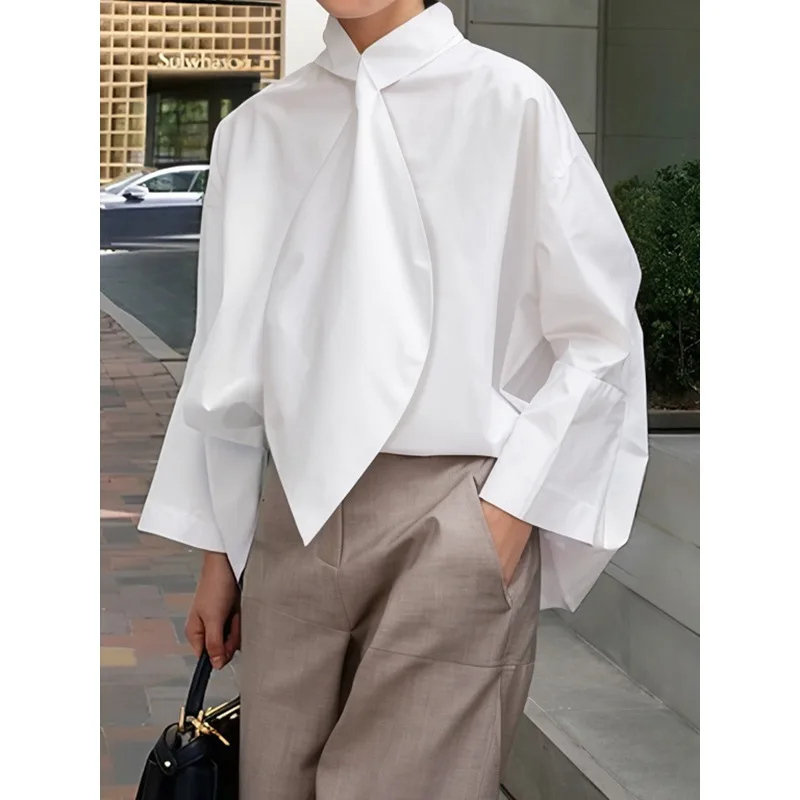 

Женские белые повседневные рубашки 2026, стильные повседневные рубашки из 100% хлопка с воротником-стойкой и длинными рукавами, простые рубашки и блузки, топы 180421
