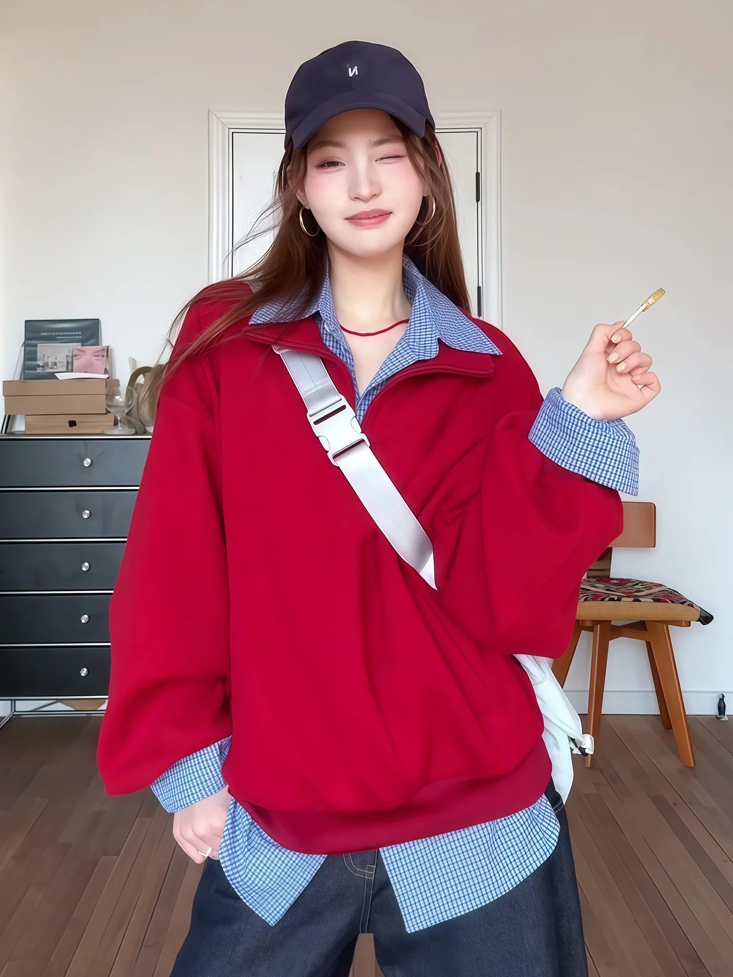 

FEMPILOT Korean Sle Hoodie Women's Loose Fit Long Sve Pullover f Zipper Stand Collar Sweatirt Spring Lazy Sle Top