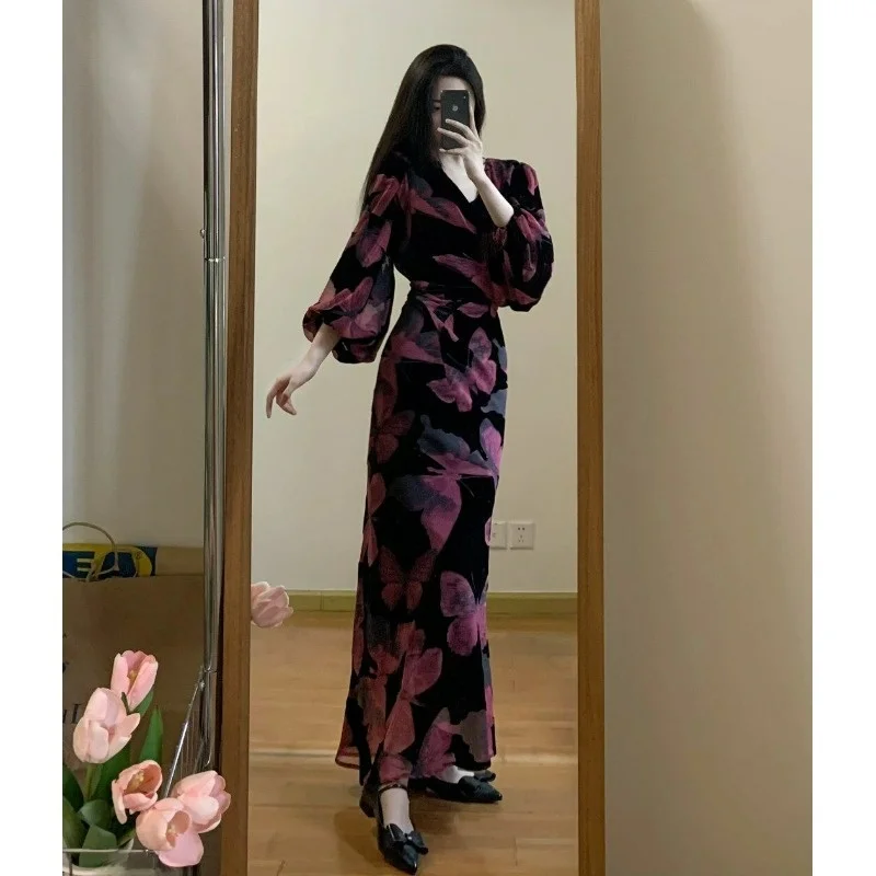 Ele Velvet Dr Donna Faionable Autunno Lungo Sve V-Ne Gonna aderente Ci Pendolarismo Spiaggia Data Casual H-ape Dr