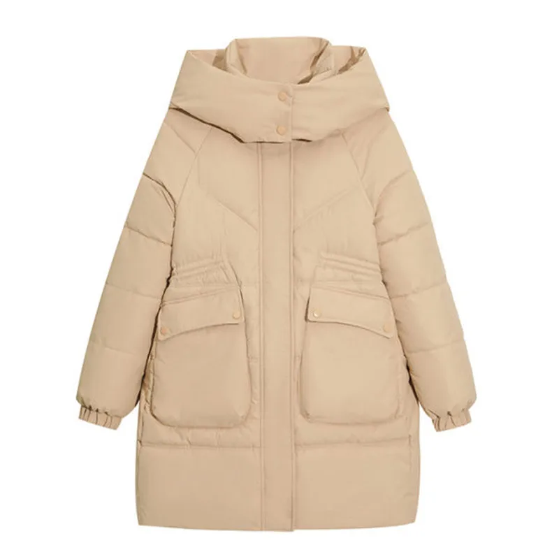

Зимняя женская куртка средней длины из хлопка, новинка, Свободное пальто с воротником-стойкой и капюшоном, утепленная верхняя одежда, модная парка, Женское пальто