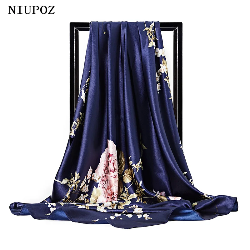 90*90cm Women Foulard Elegant Luxury Square Bandana Scarf Shawl Silk Feeling Satin Female Hijab Lady Wrap Kerchief