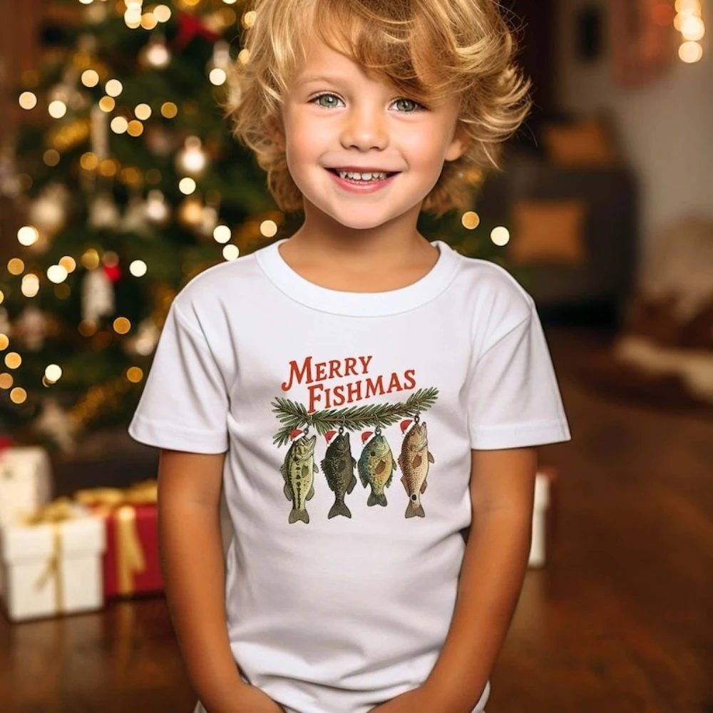 Frohe FISHMAS Jungen-Shirt, lustiges Angel-Weihnachts-T-Shirt, Kleinkind-Jungen-Weihnachts-T-Shirt, kreatives grafisches bedrucktes T-Shirt, Weihnachts-Kind-Tops