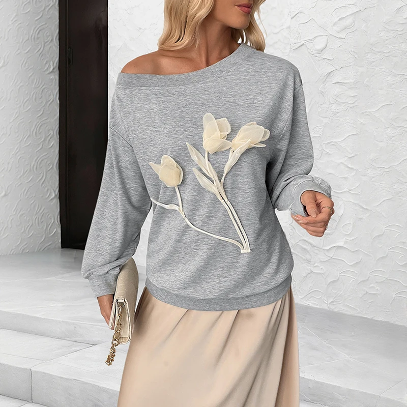 

Women's Gray Off-Shoulder Sweatshirt with 3D Floral Applique Casual Loose Long Sleeve Pullover Top