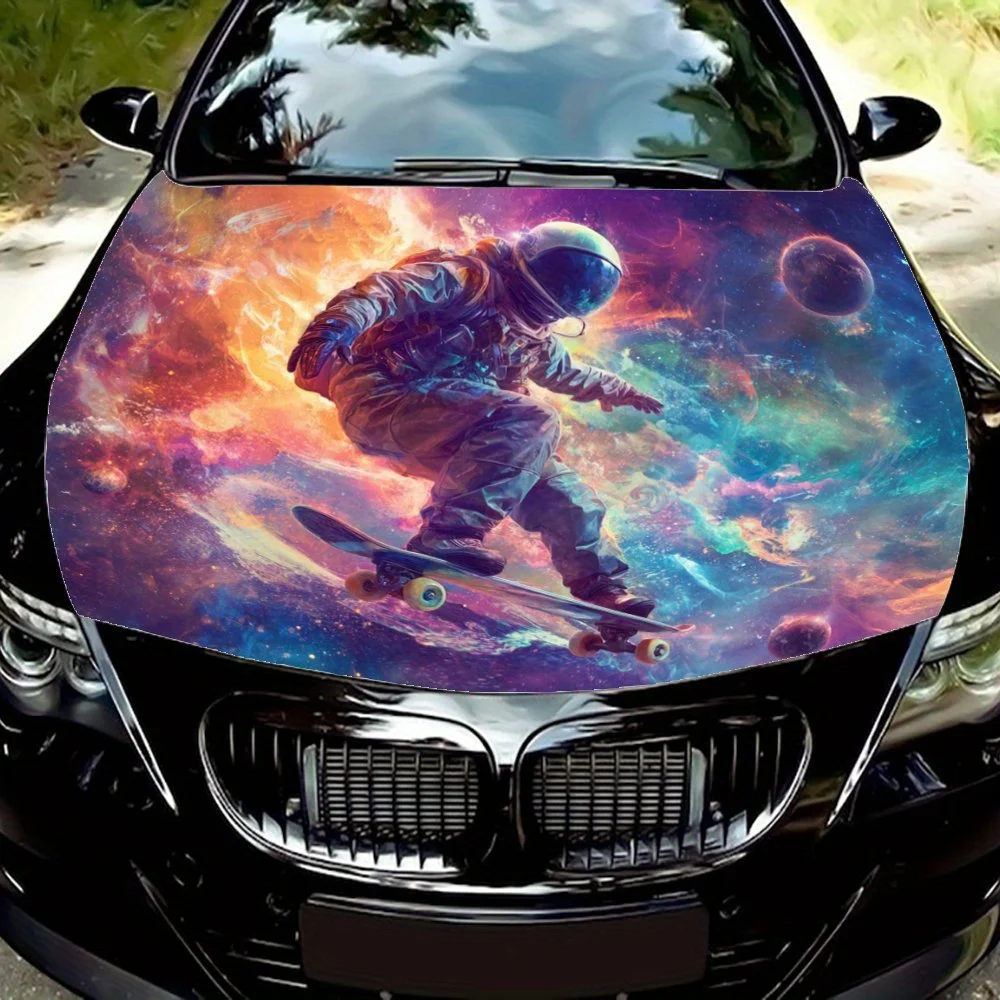 

Astronaut skateboarding amidst a vibrant cosmic scene Car Vinyl Wrap - Splash-Resistant PVC Decal For Engine Hood, Easy Removal