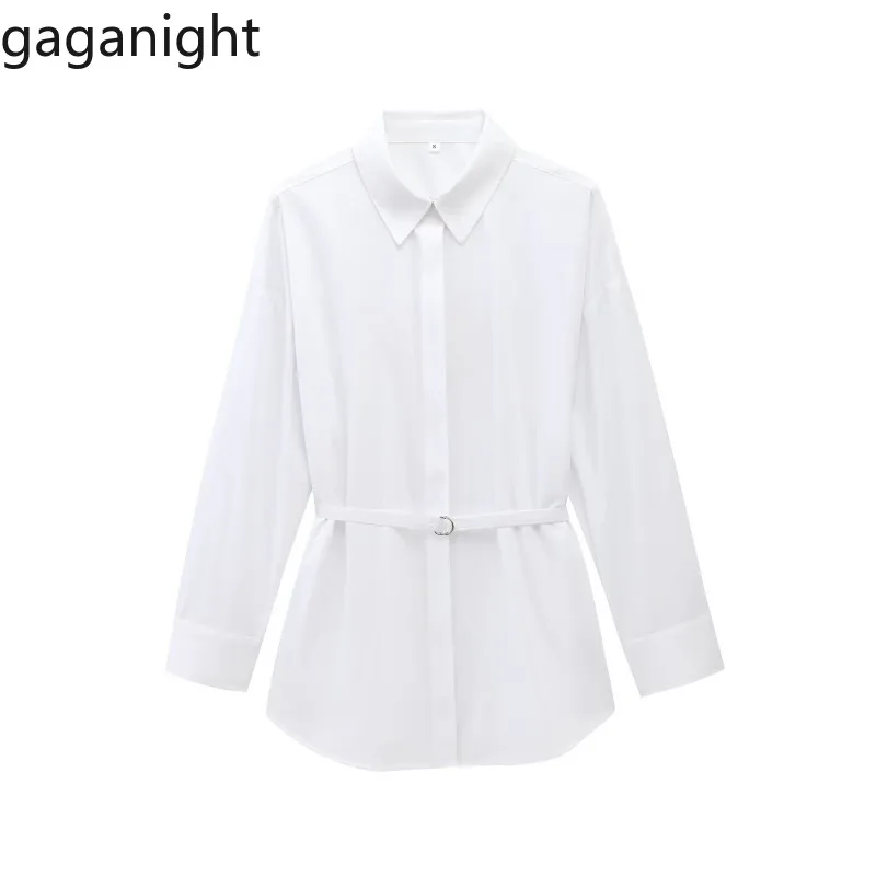 

Gaganight Women Shirts Turn Down Collar Belt Long Sleeve Temperament Elegant Office Lady Blouse Solid Loose Fashion Casual