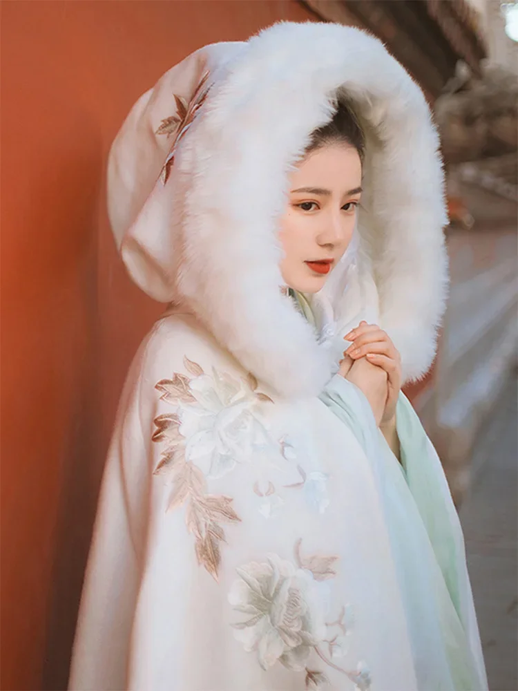 Fleece thickened cape shawl women's autumn and winter hanfu fur collar long