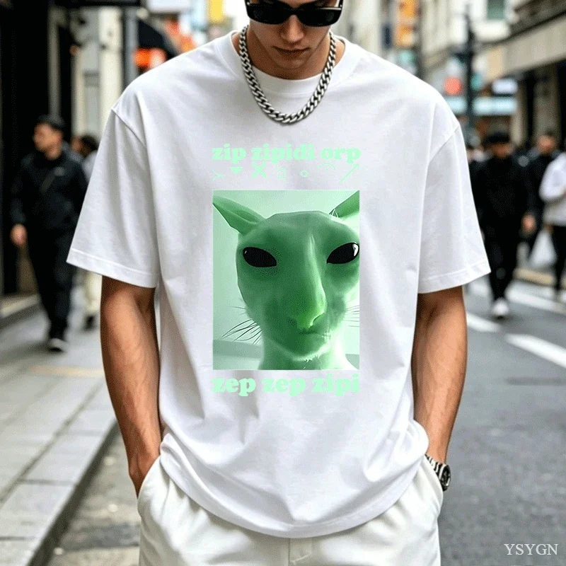 Funny Alien Cat Dank Meme T Shirt for Men Women Brainrot T-shirt Stupid Cringe Tshirt Harajuku Men's Oversized Cotton Tees Tops