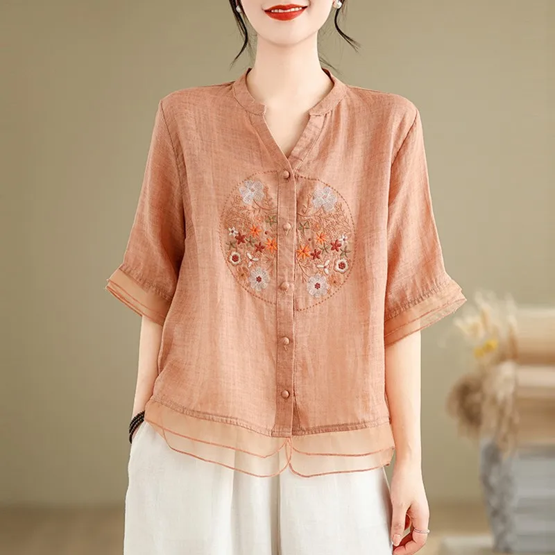 Women Summer Casual Shirt New Arrival 2024 Vintage Style V-neck Floral Embroidery Loose Female Half Sleeve Tops Shirts B3611