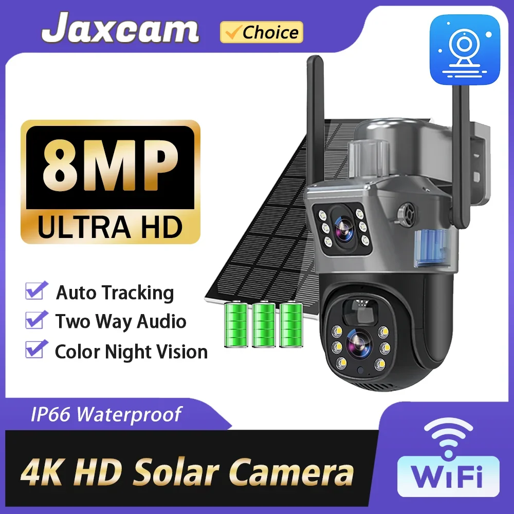 4K 8MP Dual Lens Solar Camera Outdoor Security WiFi Surveillance Cameras With Solar Panel Auto Tracking PIR Detection PTZ Camera