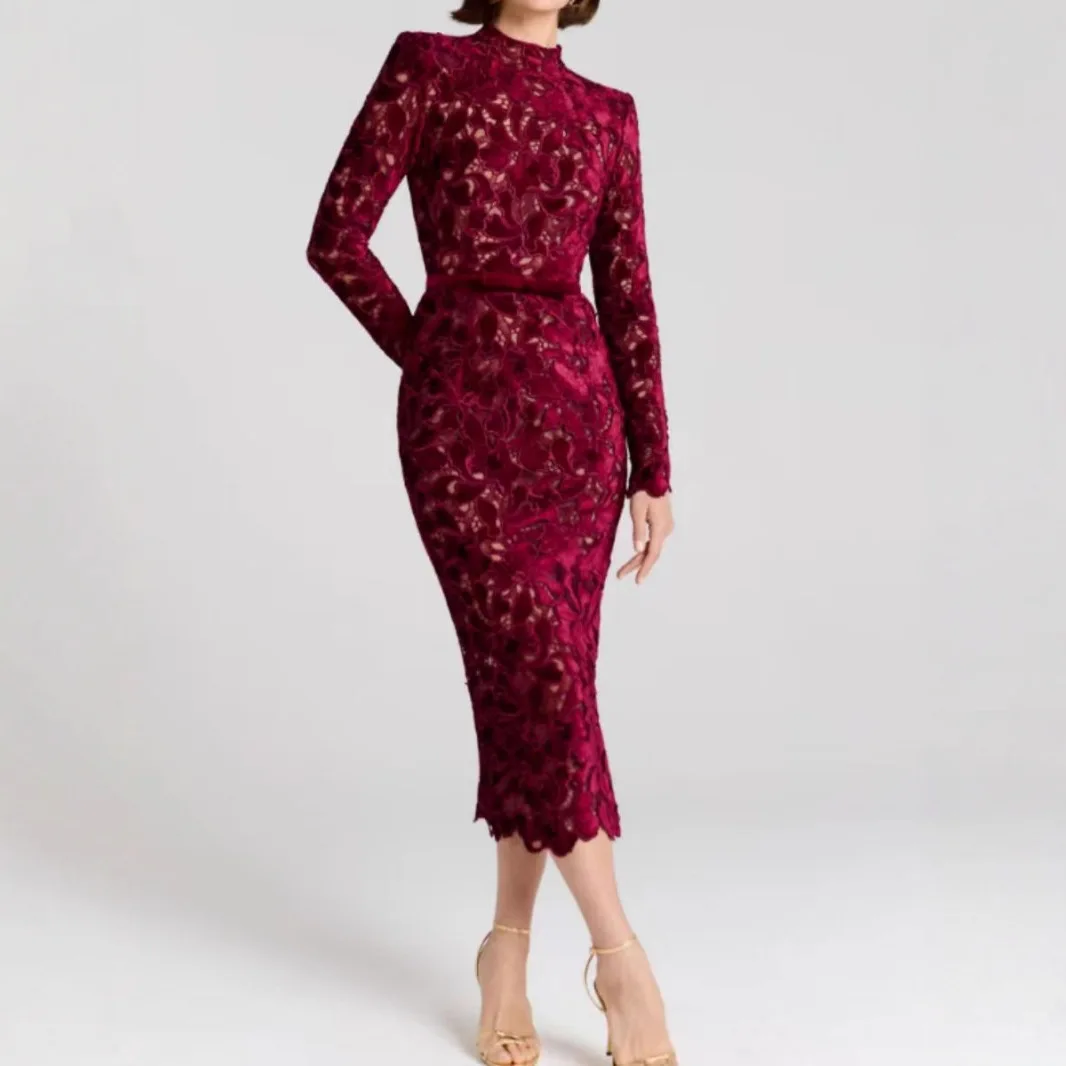 Damen Stehkragen Eng Anliegendes Schlankmachendes Midi-Bodycon-Kleid mit Spitze, Elegant, Anmutig, für Alltag, Büro, Bankett, Date, Vielseitiges Figurformendes Kleid