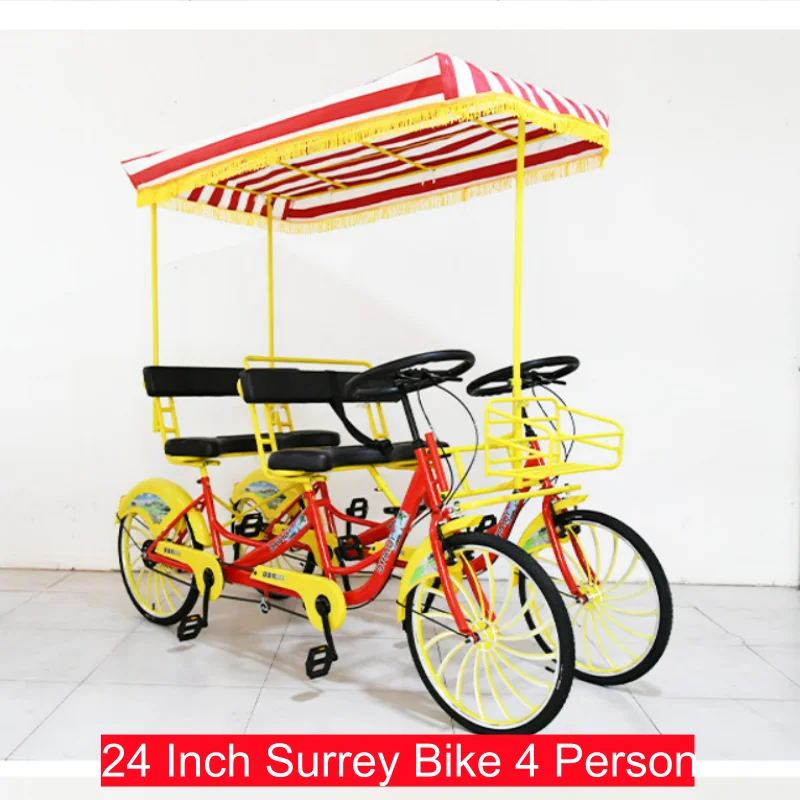 Double Row Quadricycle Bikes with Canopy, 4 Person, 4 Wheel Tandem, Tourist London Bike with Canopy, Touring and Tourist